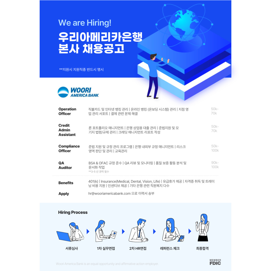 Woori America Bank 본사 채용 (경력/신입)