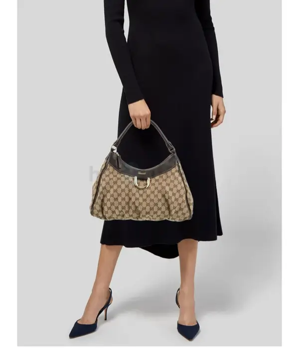 Authentic Gucci GG Canvas Abbey Handbag with Leather Trim