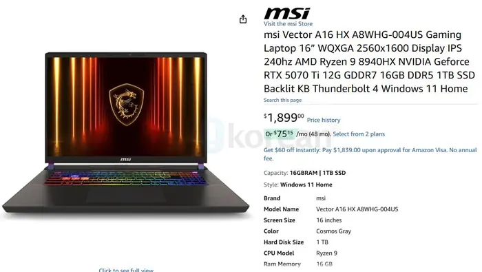 MSI - Vector A16 AMD Ryzen 9, NVIDIA Geforce RTX 5070 Ti Gaming Laptop1100