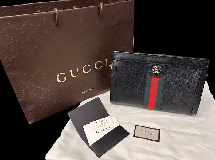 Gucci Ophidia Shoulder Bag Black Leather Gold Chain Crossbody(Authentic)