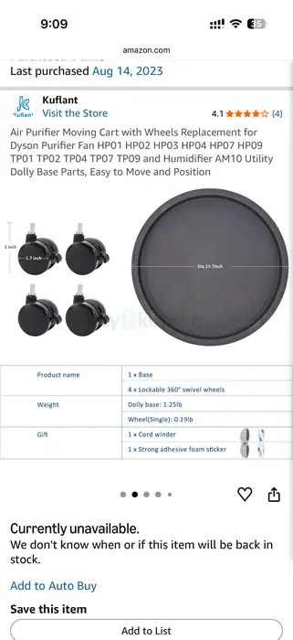 Dyson Air Purifier 이동식 받Bed / Rolling Stand