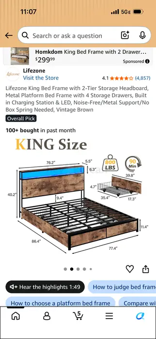 킹 사이즈 침대 프레임 / Bed frame with drawer (king size)