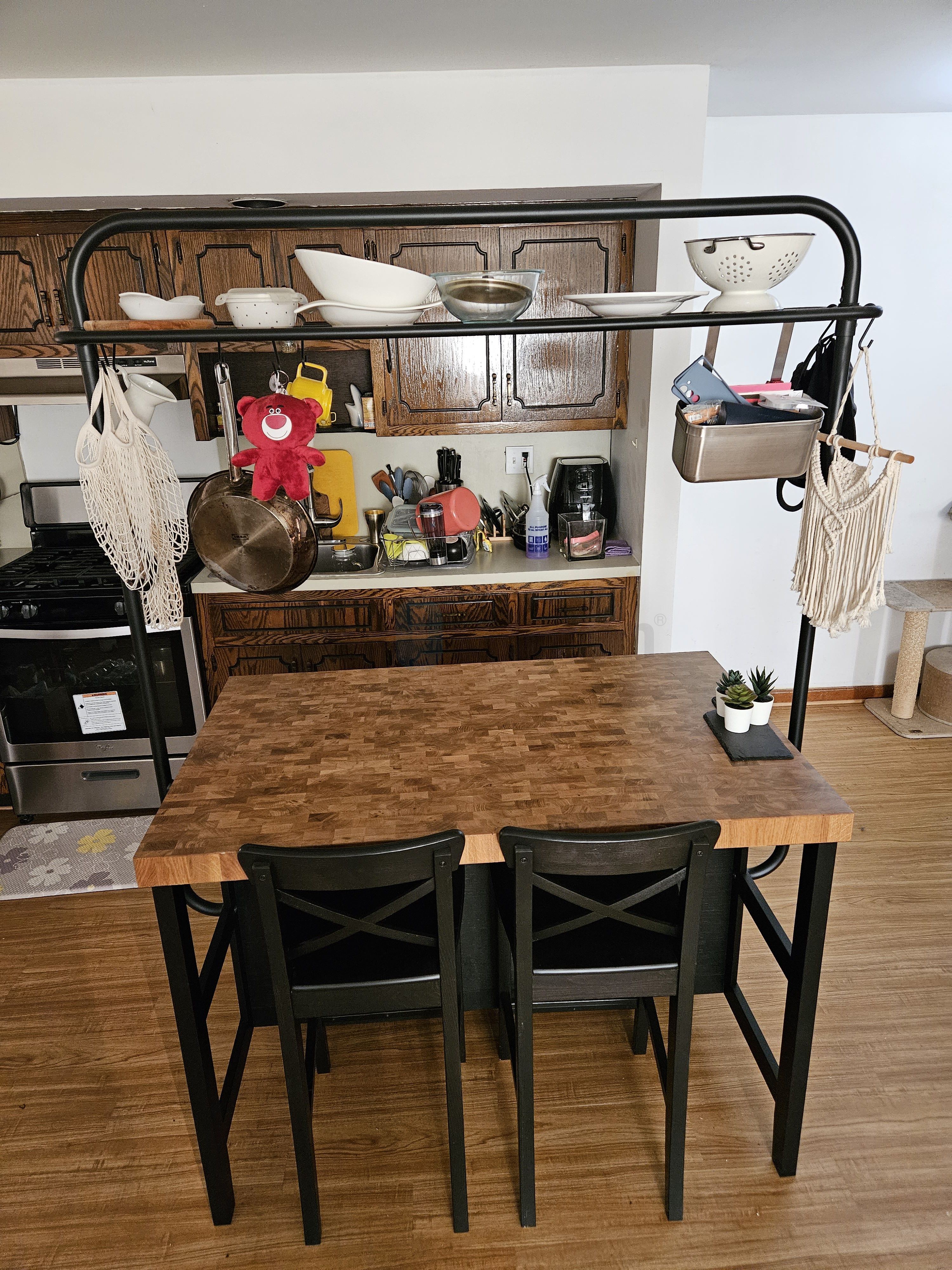 [판매완료] Kitchen island with rack, black/oak ; VADHOLMA