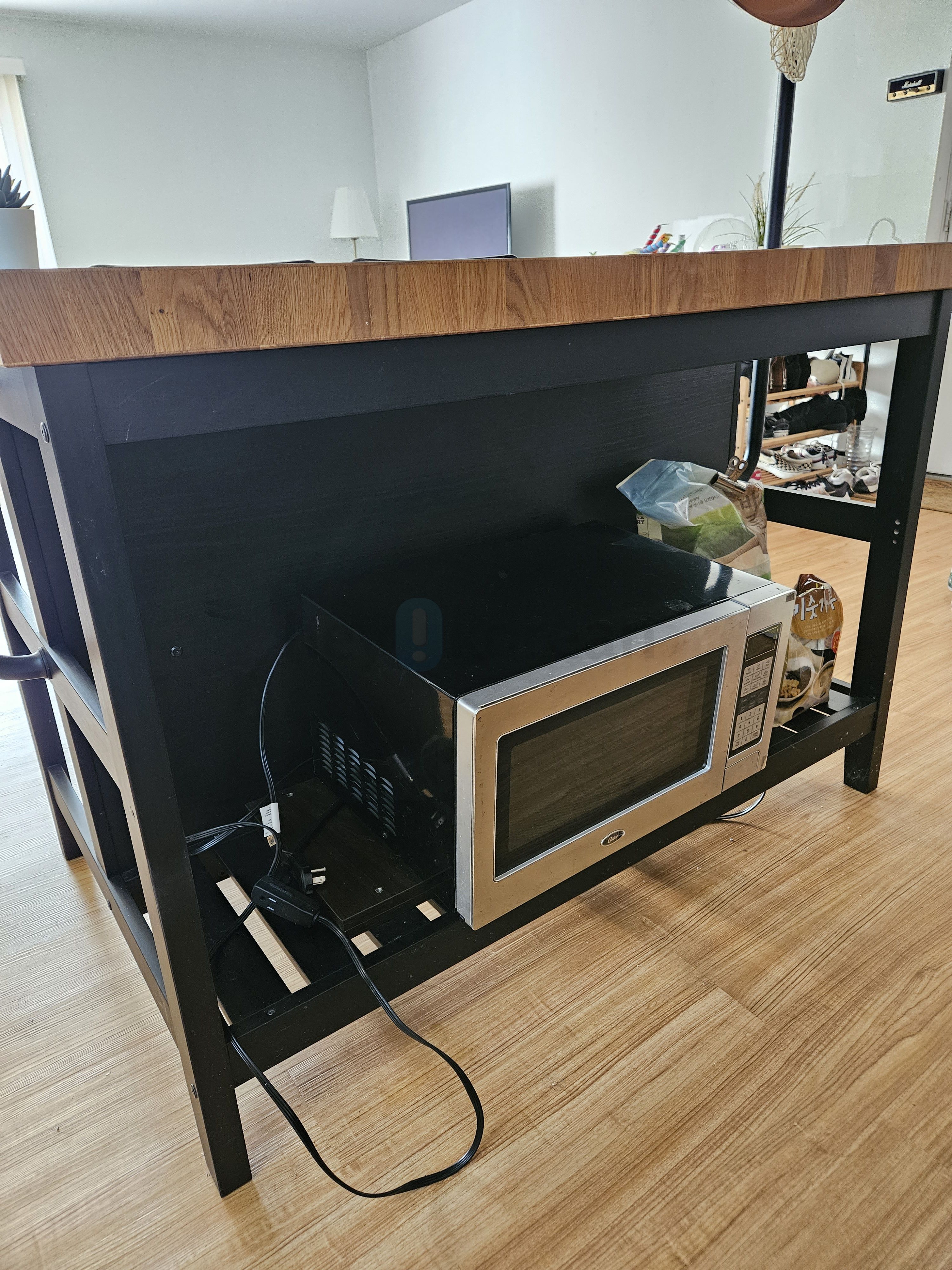 [판매완료] Kitchen island with rack, black/oak ; VADHOLMA